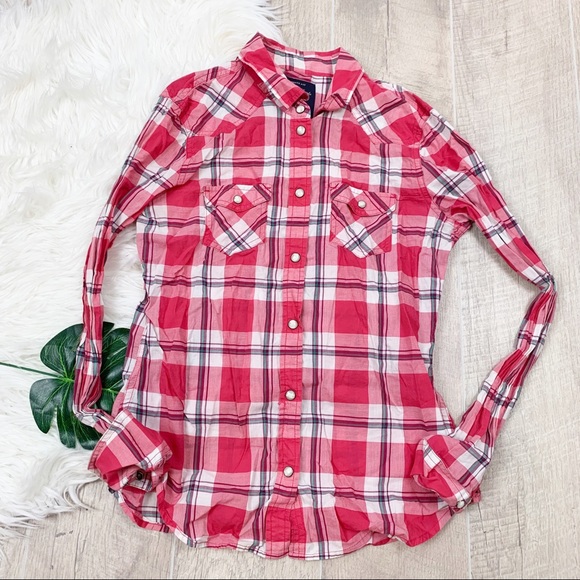 American Eagle Outfitters Tops - American Eagle Red Plaid Snap Button Down Shirt Sm